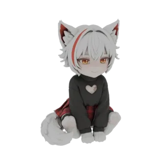 Modello 3D di una carina volpe chibi con capelli bianchi e occhi ambra, che indossa un top nero e una gonna a quadri, seduta.