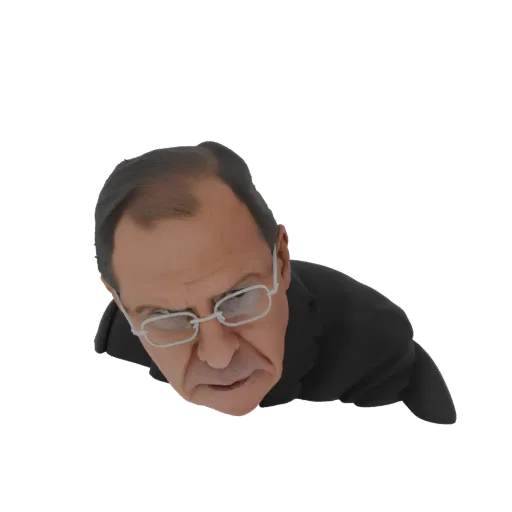 3D model of a man in a black suit and glasses, viewed from above, looking down.