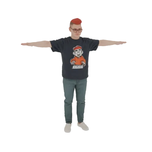 3D model of a young man in a T-pose, wearing a dark graphic t-shirt and blue jeans, with arms outstretched.