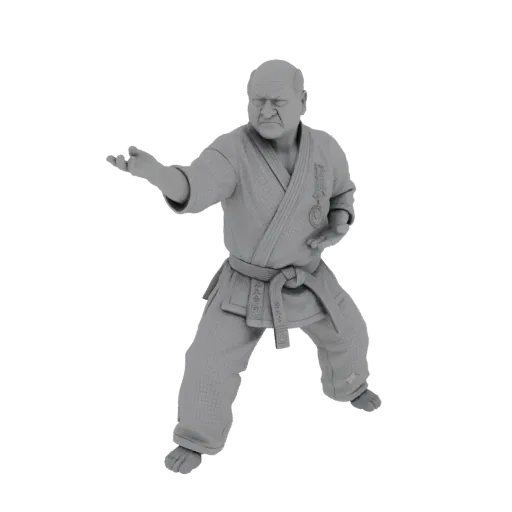 3D model of an elderly Karate Master in a grey, detailed mesh, performing a powerful punch with a determined expression.