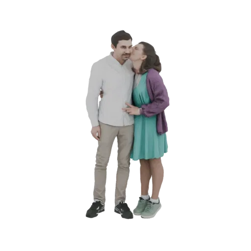 Modelo 3D de homem e mulher se abraçando em um beijo, renderizado sobre fundo branco.