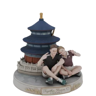 Modèle 3D d'un couple assis à la base du Temple du Ciel, avec l'inscription "Ensemble pour toujours".