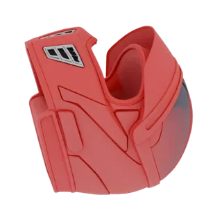 3D model render of a red Power Ranger helmet with a dark visor and silver accents.