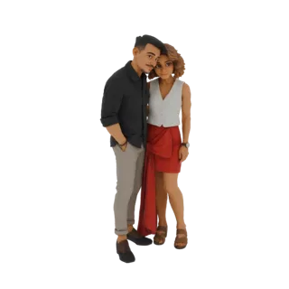 3D model of a romantic couple embracing, with the man in a dark shirt and the woman in a white top and red skirt.