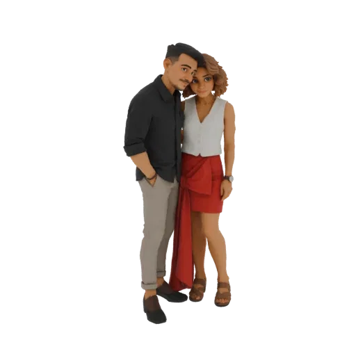Modèle 3D d'un couple romantique s'enlaçant, l'homme en chemise sombre et la femme en haut blanc et jupe rouge.