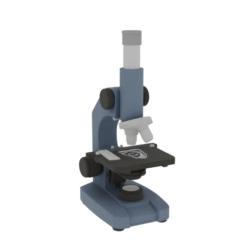 Research Microscope 3D model, side profile view, technical viewport render, showing glass, recognizable lab forms.