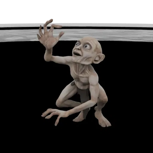 A 3D render of Gollum from The Lord of the Rings, crouched and reaching with his hands outstretched, against a black backgrou