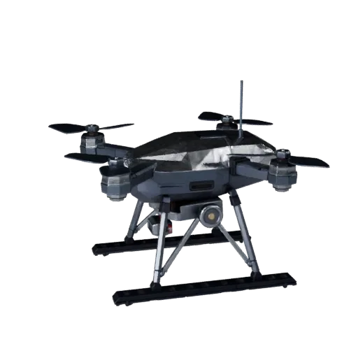 Research Lab Drone Low Poly 3D model, game viewport three-quarter view, showing metal frames, robot form.