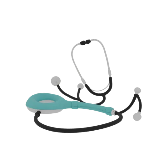 Dental Stethoscope 3D model, side profile view, technical viewport render, showing stainless steel, handheld tool scale.