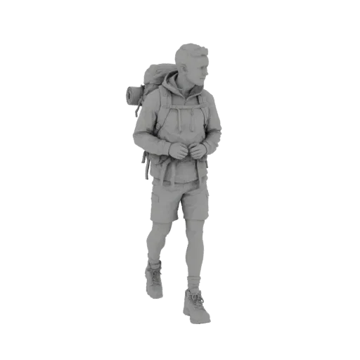 3D-Modell eines männlichen Wanderers mit Rucksack, Shorts und Wanderschuhen, dargestellt in neutralem grauem Material.