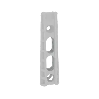 Modelo 3D de um suporte de plástico branco com três recortes ovais, apresentado contra um fundo branco.