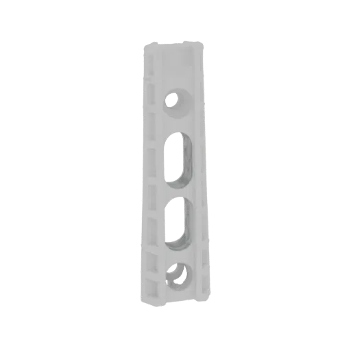 Modelo 3D de un soporte de plástico blanco con tres recortes ovalados, presentado sobre un fondo blanco.