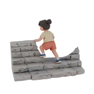 Rendu 3D d'une jeune fille aux cheveux bruns en chignon, portant un t-shirt jaune et un short corail, escaladant des marches