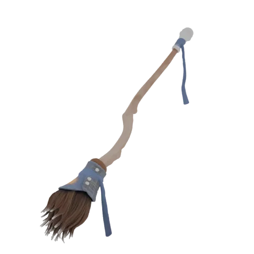 A 3D render of a whimsical broomstick with a light brown, gnarled wooden handle, a blue-checked fabric wrap around the bristl