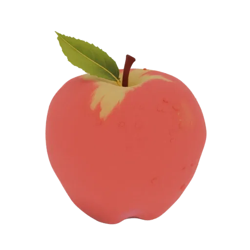 A realistic 3D model of a red apple with water droplets and a green leaf, set against a white background.