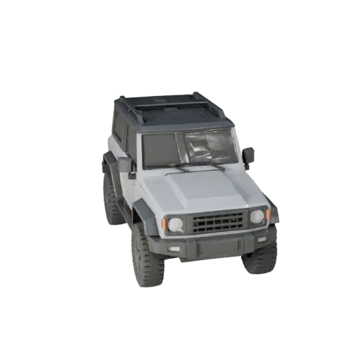 Low Poly Utility SUV 3D-Modell, Drei-Viertel-Spiel-Viewport, Low-Poly-Fahrzeug-Asset mit erhöhter Bodenfreiheit, Utility-Volu