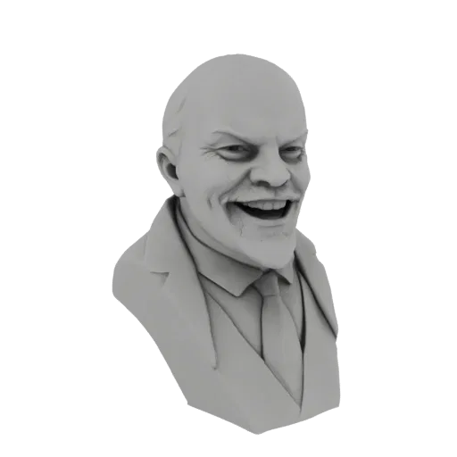 3D model render of a stylized bust of Vladimir Lenin laughing intensely, with his mouth wide open and eyes narrowed.