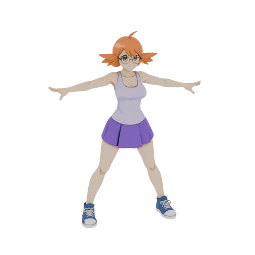 3D model of an anime girl with orange hair, glasses, purple skirt, and lavender tank top, in a dynamic pose.