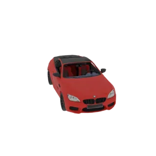 Modelo 3D de um carro esportivo conversível vermelho com capota preta e interior vermelho, visto de um ângulo frontal de três