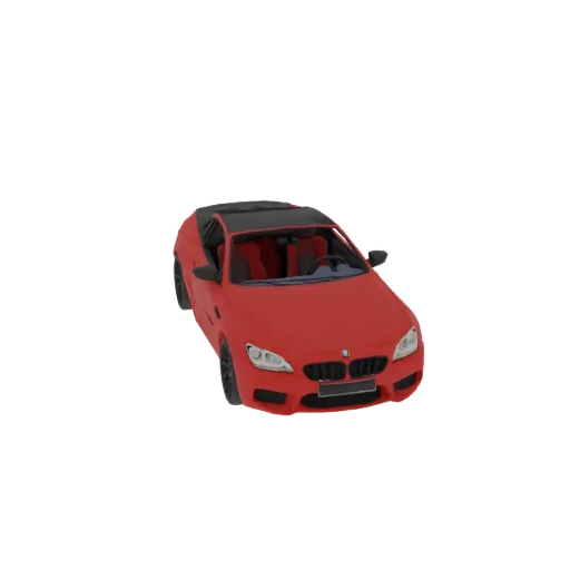 3D model of a red convertible sports car with a black roof and red interior, viewed from a three-quarter front angle.
