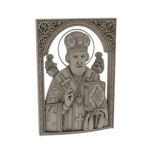 3D model of a Saint Nicholas icon relief, carved in a stone-like texture, with intricate decorative framing.
