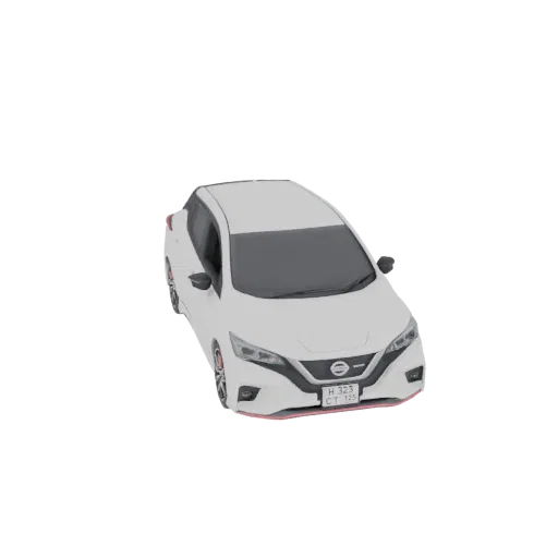 A top-down view of a white Nissan Leaf electric car 3D model against a black background.