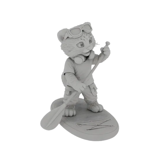 3D model render of an anthropomorphic leopard wearing goggles and headphones, standing on a surfboard with a paddle.