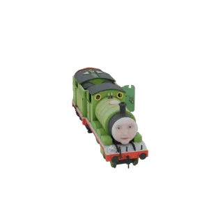 3D-Rendering einer grünen Dampflokomotive mit einem menschlichen Gesicht vorne, vor einem weißen Hintergrund.