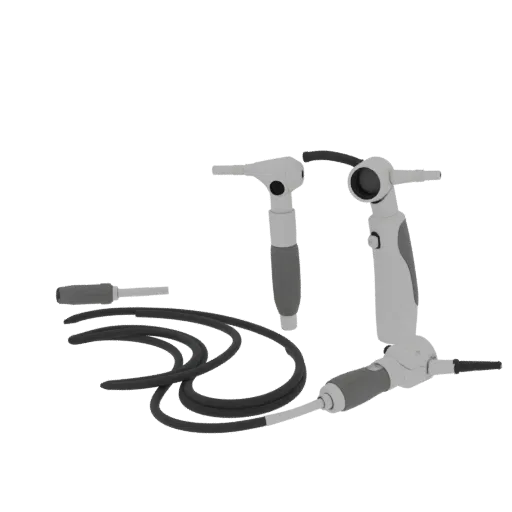 Hochdetailliertes Notfall-Otoskop 3D-Modell, Nahaufnahme Studio-Render, zeigt Edelstahl, handgehaltenes Werkzeugmaßstab.
