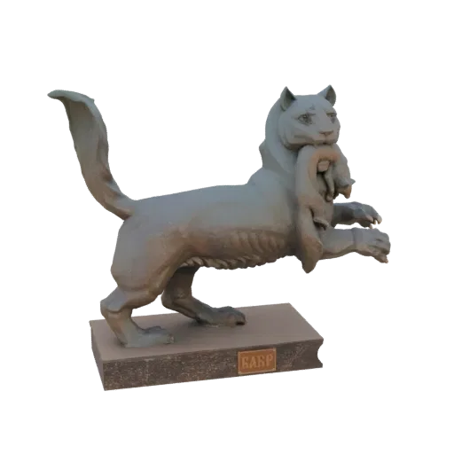 3D model of a bronze statue of a mother snow leopard carrying her cub in her mouth, resting on a stone base.