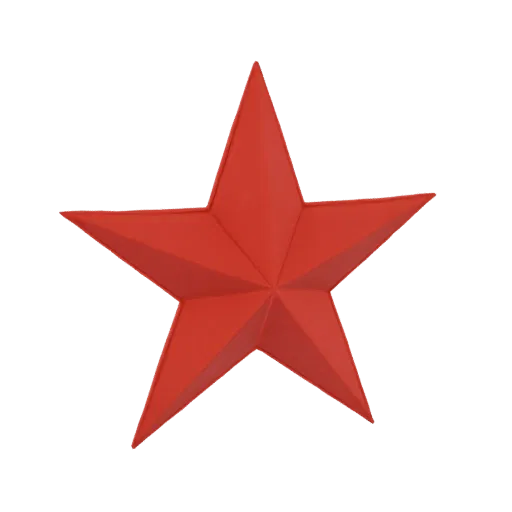 Um modelo 3D renderizado de uma estrela vermelha clássica com pontas afiadas e brilho metálico, isolado em um fundo branco.