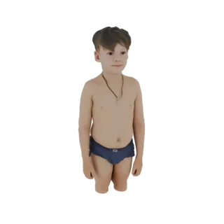 Modelo 3D de un niño con bañador azul, de pie y mirando hacia adelante.