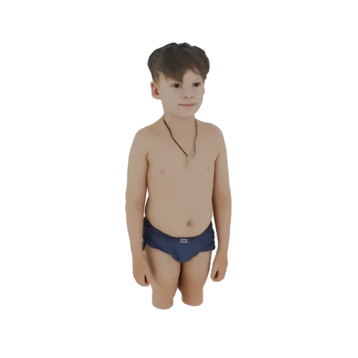 3D model of a young boy wearing blue swim trunks, standing and looking forward.