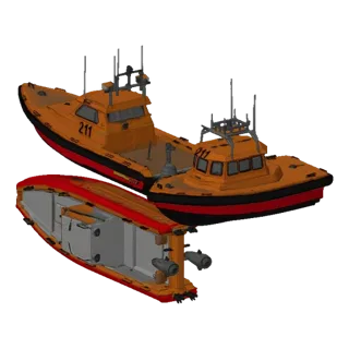 3D model of an orange rigid inflatable boat with a dark red hull, shown from side and top views.