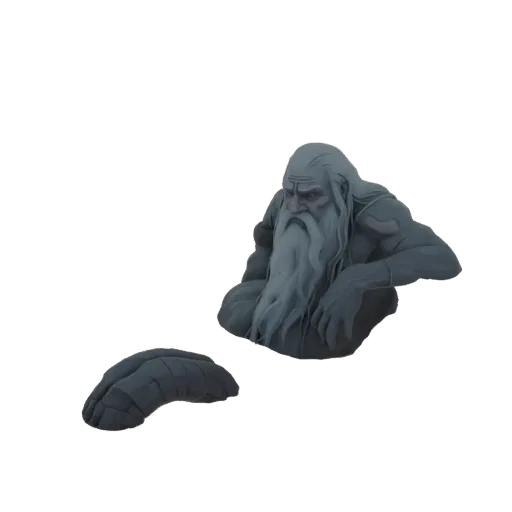 3D model render of a stone bust of an ancient man with a long beard, looking downwards.