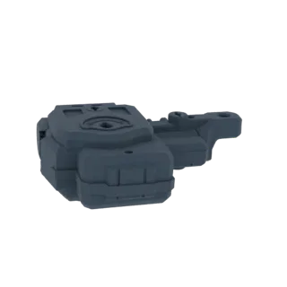 3D model of a futuristic, dark gray Beyblade launcher with intricate mechanical details and a sleek, angular design.