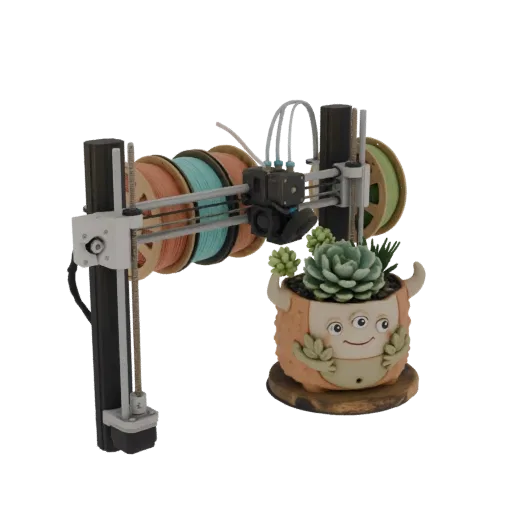 3D model of a 3D printer with multiple filament spools, creatively attached to a cute, three-eyed monster planter holding a s