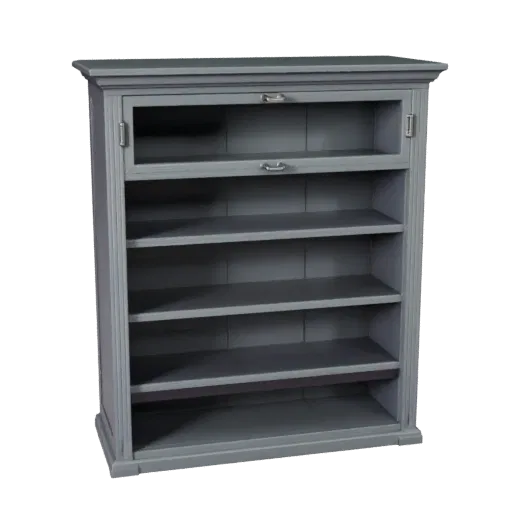Industrial Bookshelf Stylized 3D model, dining room, stylized isometric render, painted wood detail.