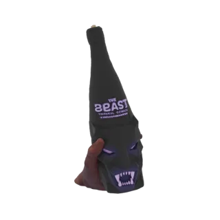 3D model of a black bottle with a monster face, glowing purple eyes, sharp fangs, and 'THE BEAST' text on the neck.