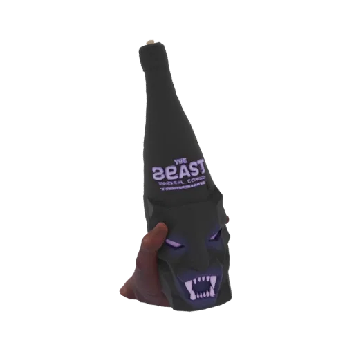 3D model of a black bottle with a monster face, glowing purple eyes, sharp fangs, and 'THE BEAST' text on the neck.