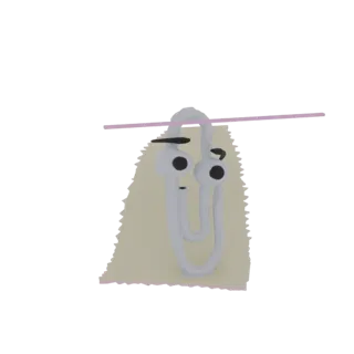 3D render of a whimsical paperclip character with googly eyes and a pink line accent, standing on a textured base.