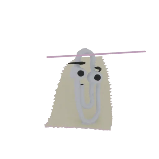 Rendu 3D d'un personnage trombone fantaisiste avec yeux globuleux et accent ligne rose, sur une base texturée.