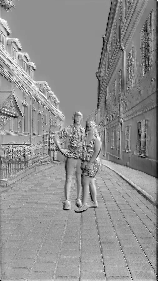 Modelo 3D de bajorrelieve de pareja enamorada de pie en una calle empedrada de casco antiguo, realizado en estilo de bajorrel