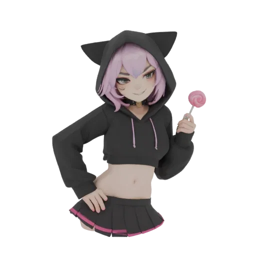 3D model render of a Neko girl with pink hair, cat ears, black hoodie, and pink skirt, holding a lollipop.