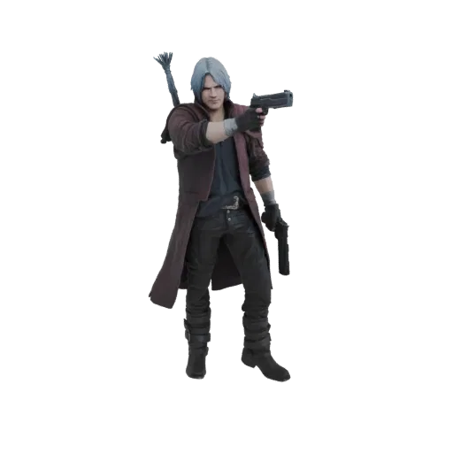 3D model of Dante from Devil May Cry, holding two pistols in a dynamic action pose.