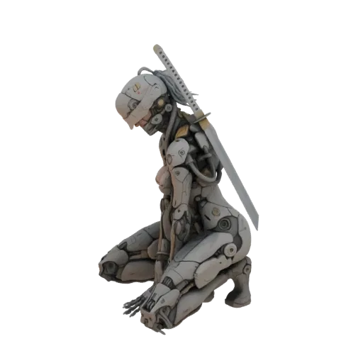 3D model of a cyborg ninja crouching with a katana on its back, detailed mechanical armor in white and gold.