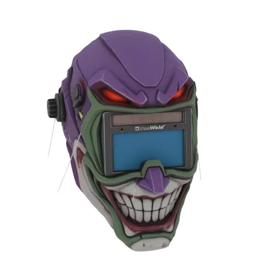 3D model of a welding mask designed with a menacing Joker-inspired aesthetic, featuring a purple and green color scheme, glow