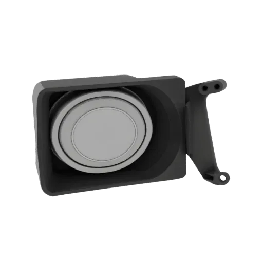 3D model of a black gas cap with a silver circular insert and a black mounting bracket, shown from a slightly elevated side a