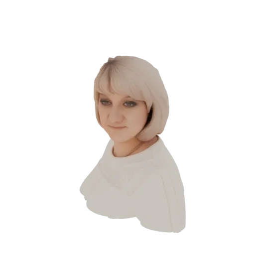 Rendu 3D d'un buste de femme blonde avec un col blanc en dentelle, regardant légèrement sur le côté.