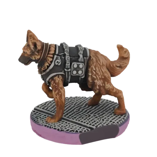 3D model of a German Shepherd dog wearing a tactical vest, standing on a textured base.